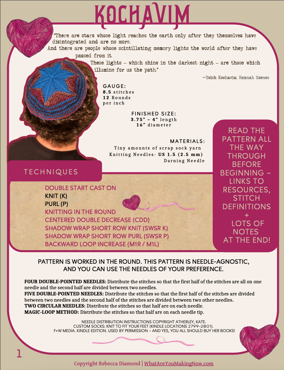 First page of the Kochavim pattern, showing a back view of a man with curly brown hair and a black shirt wearing a striped burgundy and brown kippah, with a blue star. The page layout is graphic-heavy, in pinks and browns.